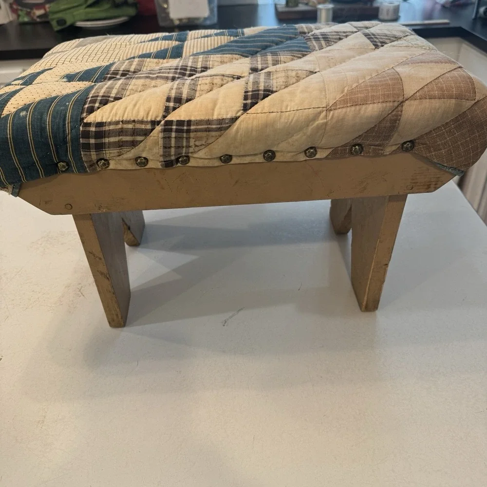 Vintage Handmade Blue Quilt‎ Covered Wooden Foot Stool 12